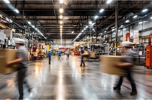 workers speeding through a warehouse