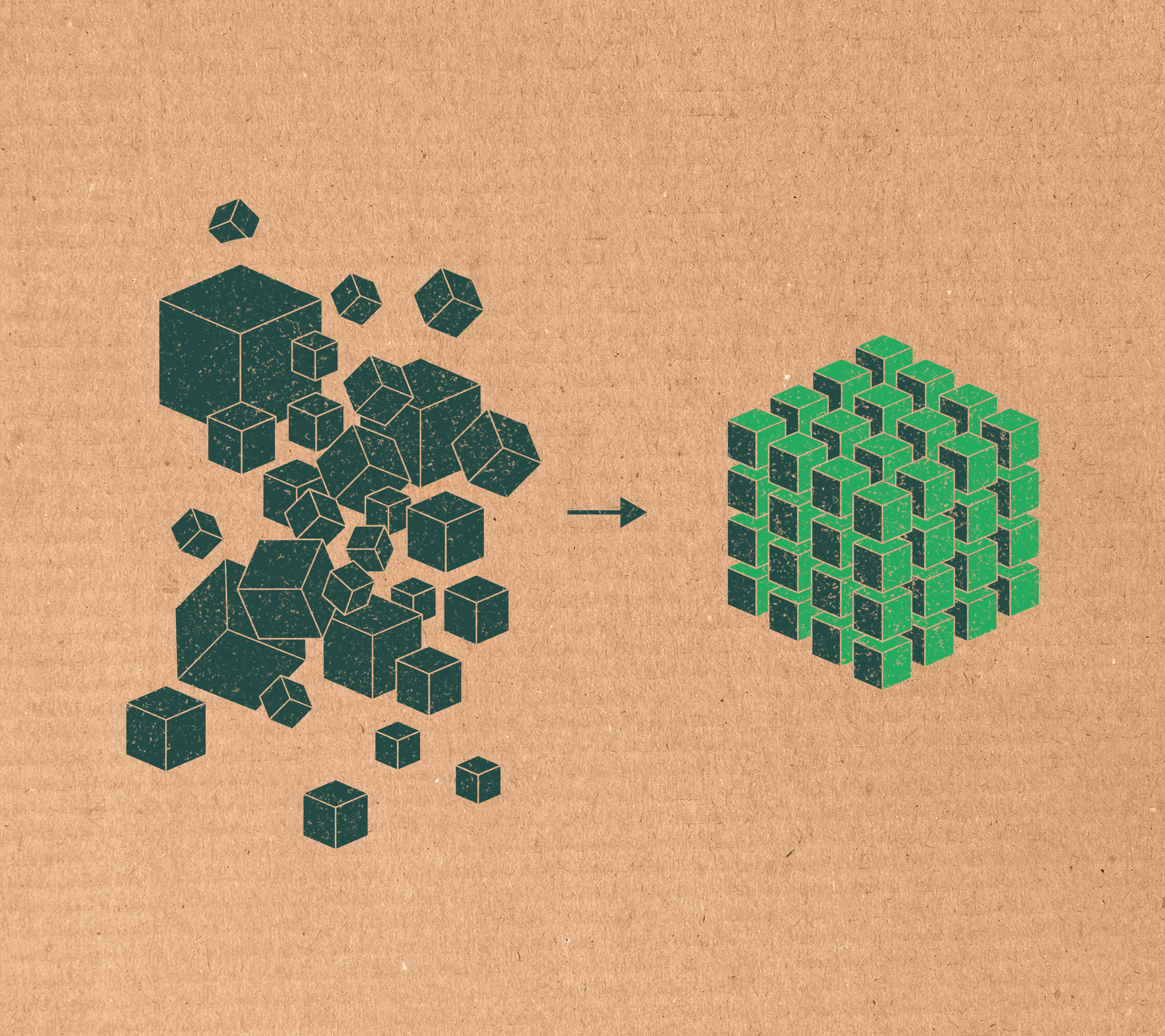 Piles of boxes becoming organized in a cube made of boxes