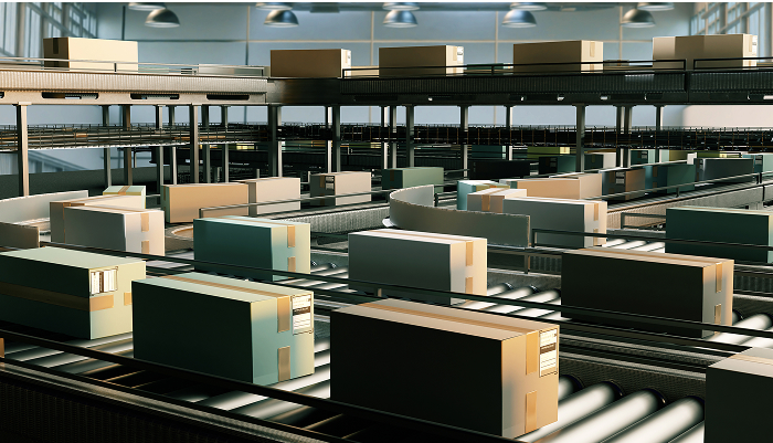 Many boxes on many conveyor belts