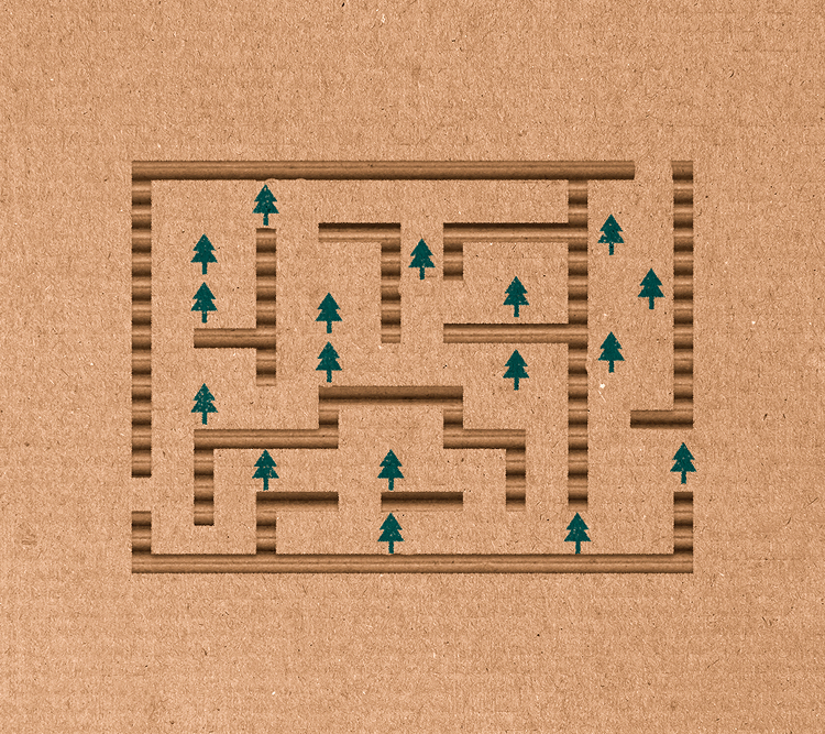 cutout of a maze with tree icons stamped throughout as obstacles 