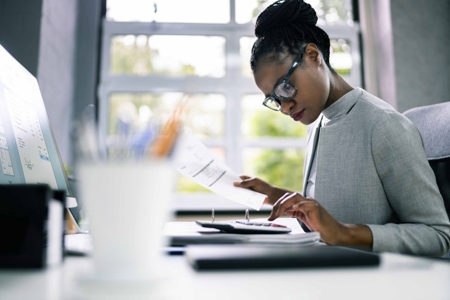 A woman works in a finance role