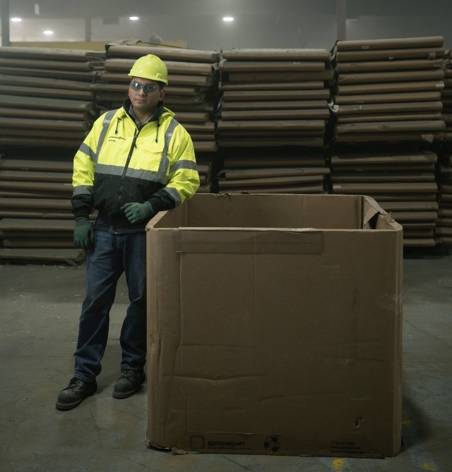Man standing next to a SpaceKraft box