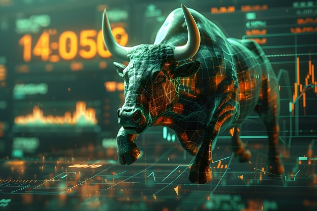 A stylized bull charges with financial numbers and symbols in the background