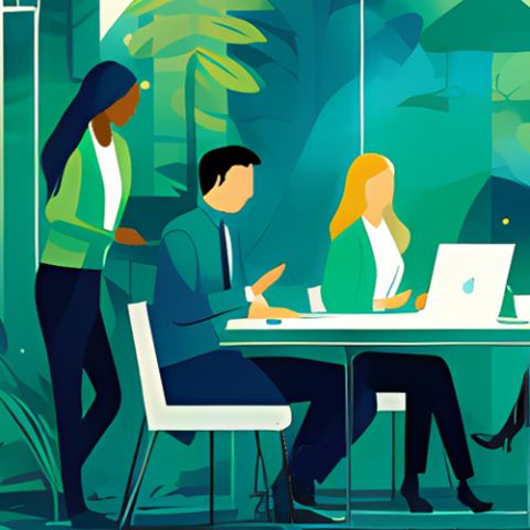 Graphic of coworkers working at table 